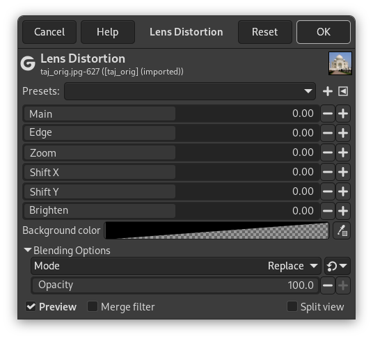 Opzioni del filtro «Distorsione lente»